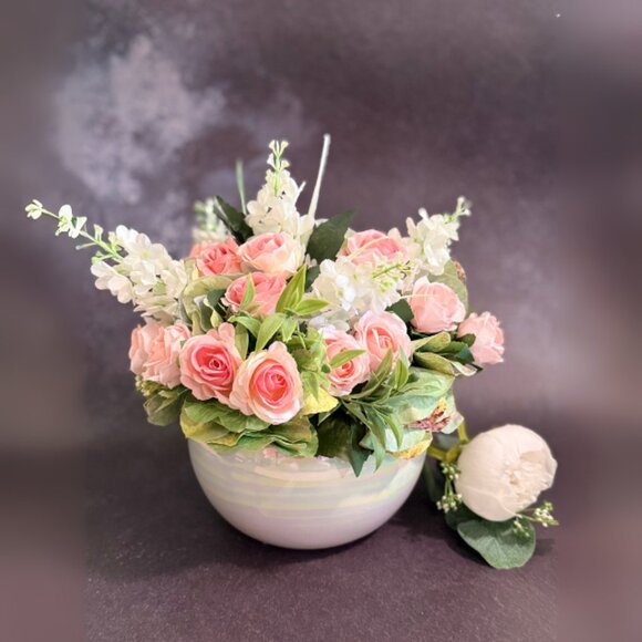 Faux Pink Rose Floral Arrangement Centerpiece in Ceramic Pearl Bowl - Picture 4 of 11